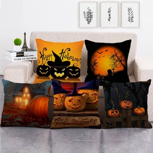 Fundas de cojín de lino para Halloween con calabazas naranjas y motivos de gatos negros
