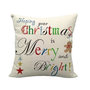 Merry and Bright Christmas linen pillowcase with gingerbread man and star motifs
