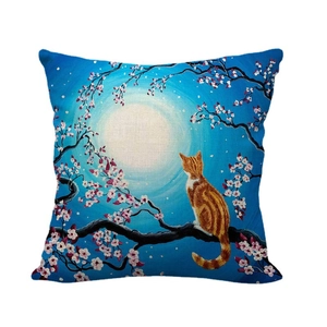 Linen pillow cover featuring a cute cat sitting under cherry blossoms on a starry night