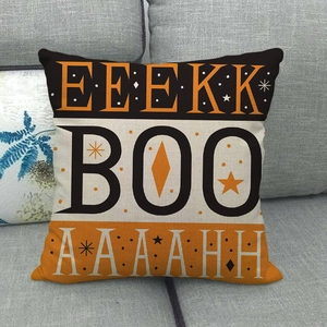 Halloween decorative linen pillow cover featuring festive EEEKK BOO AAAAHH typography