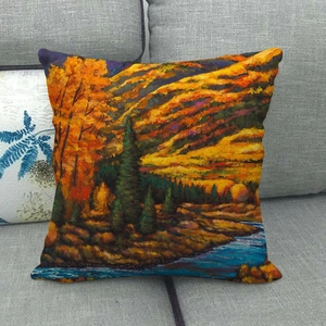 Artistic oil painting landscape printed on textured linen square throw pillow cover