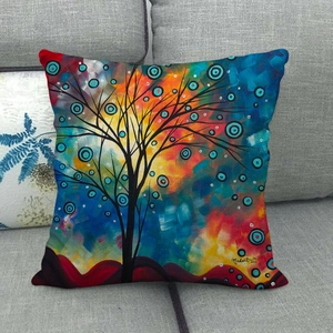 Detailed view of pastoral cartoon oil painting linen pillowcase with abstract tree pattern