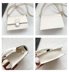 Detailed views of white patent leather crossbody bag with square buckle and adjustable strap