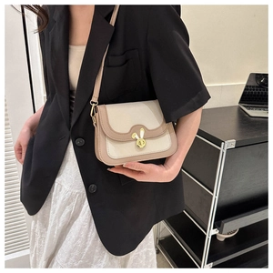 Detail of a two-tone crossbody bag featuring a golden rabbit twist-lock and slim strap