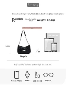 Detailed sizing guide showing the dimensions 22x14x8cm for this black quilted PU handbag