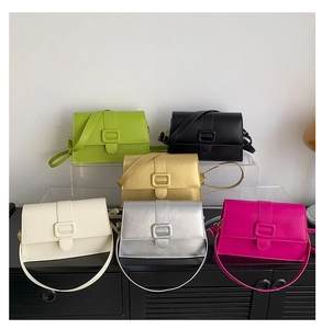 Detailed display of patent leather crossbody square bags in six vibrant modern colors