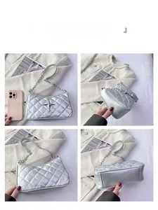 Detail views showing quilted silver metallic shoulder bag with 3D star logo and chain strap