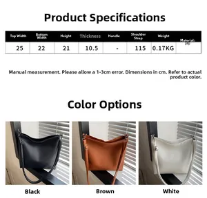 Size chart and dimensions for a minimalist PU leather shoulder bag in three colors