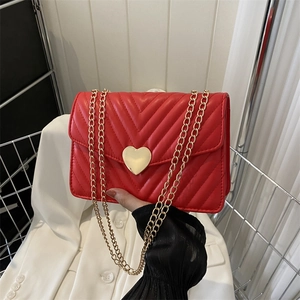 Sac Bandoulière en Cuir PU Matelassé en V pour Femme Chaîne Dorée Avec Serrure en Forme de Cœur Petit Sac Carré à la Mode