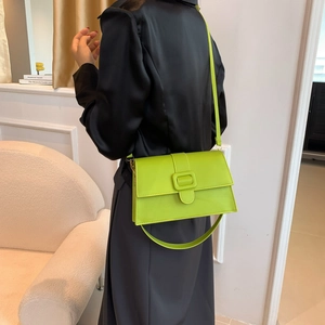 Neon green rectangular crossbody bag with square buckle and matte PU leather finish