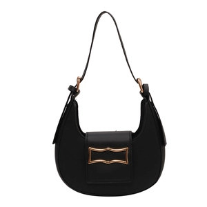 Chic black half-moon shoulder bag with matte leather finish and golden rectangular buckle