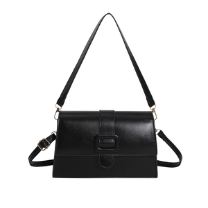 Classic black rectangular flap shoulder bag with dual straps and textured faux leather finish
