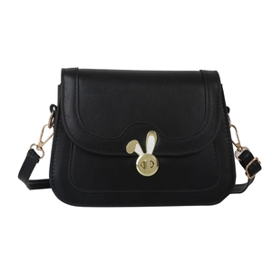 Minimalist black leather crossbody bag with golden rabbit ear lock and adjustable strap