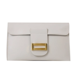 Minimalist white faux leather envelope clutch bag with decorative gold metal buckle