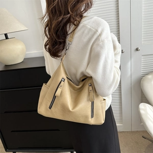 Minimalist large capacity crossbody tote bag for women in beige faux leather texture
