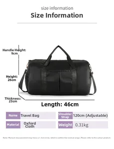 Detailed size chart for black oxford cloth travel bag with 46cm length dimensions