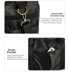 Detail of detachable shoulder strap and large front pocket on black fitness bag