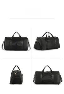 Four-angle view of a large black travel duffel bag with gold hardware and shoulder strap