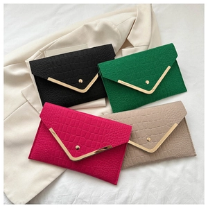 Chic envelope clutches in various colors with crocodile texture and V-shaped gold metal trim