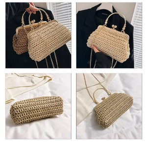 Dettaglio pochette in paglia intrecciata con chiusura metallica e manico tondo perlato