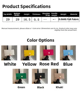 Size chart showing 29x16.5cm felt envelope clutch dimensions and seven color variants