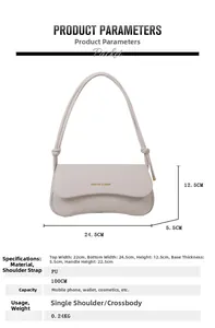Detailed size chart for the off-white PU shoulder bag with knots and gold text