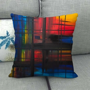 Close-up of abstract oil painting linen pillow cover with hidden zipper on a gray sofa