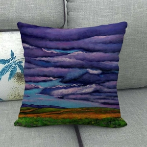 Close-up of artistic oil painting landscape print on textured linen cushion cover