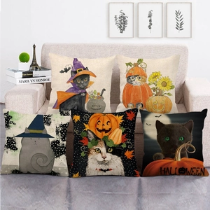 Housse De Coussin En Lin Imprimé Chat Sorcière Citrouille D'Halloween Pour Canapé Décoration De Salon Maison Festive