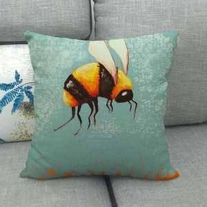 Detailed texture of linen pillowcase with realistic bee illustration on green background