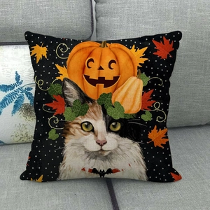 Détail de la housse de coussin Halloween chat et citrouille sur un canapé gris moderne