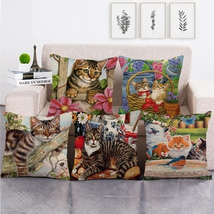 Decorative Pillow Covers Linen Cushion Case Cute Cat Animal Print Home Sofa Decor Rural Art Style