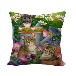 Linen throw pillow cover featuring three cute kittens in pots with daisies and morning glory
