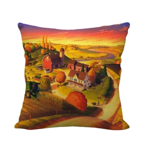 Linen pillowcase with cartoon pastoral landscape painting and red farmhouse sunset scenery