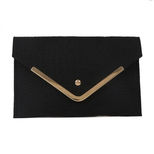 Classic black envelope clutch bag with crocodile texture and gold V-shaped metal trim