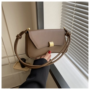 Detailed view of the brown baguette bag with golden buckle and woven shoulder strap detail