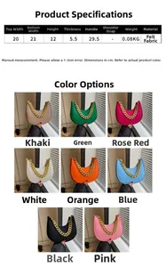 Detailed size chart and multi-color options for the crescent felt shoulder bag