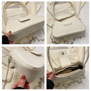 Detailed views of a creamy white baguette shoulder bag with silver chain and magnetic flap