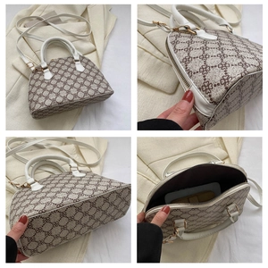 Detailed views of beige shell bag featuring brown clover print and white leather straps