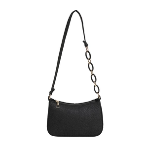Black pebbled faux leather underarm bag with unique resin chain strap and golden zipper