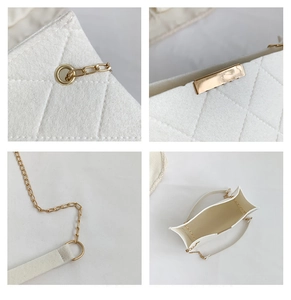 Detailed views of white quilted felt bag with elegant gold chain and metallic hardware