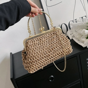 Sac Epaule En Paille Tissée Femme Forme Coquille Rétro Fermoir Baiser Poignée Ronde Métal Chaîne Sac Bandoulière