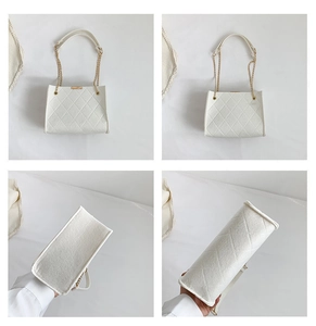 Detailed multi-angle view of white quilted felt shoulder bag with golden chain strap