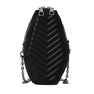Unique hexagonal black quilted crossbody bag with silver chain strap and V-shaped stitching
