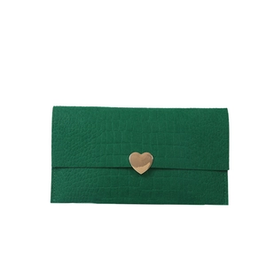 Dark green crocodile pattern envelope clutch bag with gold heart-shaped metal buckle clasp