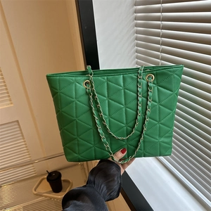 Women Fashion PU Leather Tote Bag Stylish Rhombus Quilting Shoulder Bag Large Capacity Chain Handbag For Daily Commute