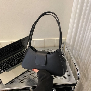 Women Minimalist PU Leather Underarm Baguette Bag Solid Color Magnetic Closure Shoulder Bag Street Style Handbag