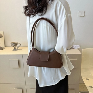 Classic dark brown PU leather underarm bag for women with dual shoulder straps