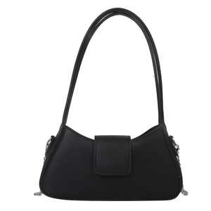 Minimalist black faux leather shoulder bag with stylish silver metal chain accents