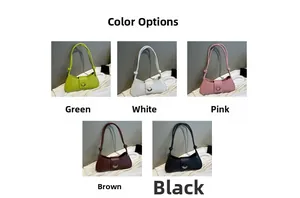 Collage of crescent shoulder bags in five colors with metallic circle detail and knots